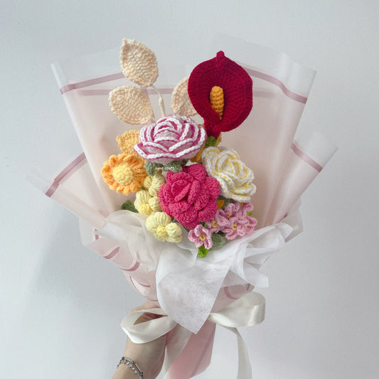 singapore handicroft crochet flower bouquet in bright pink red yellow