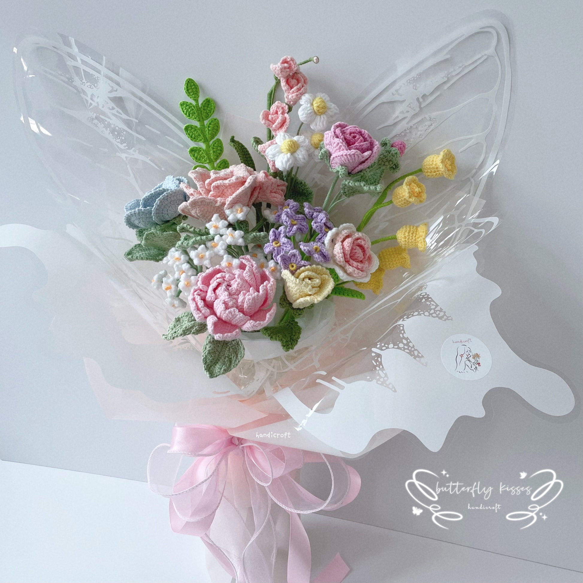 singapore handicroft crochet flower bouquet in pastel colours butterfly kisses