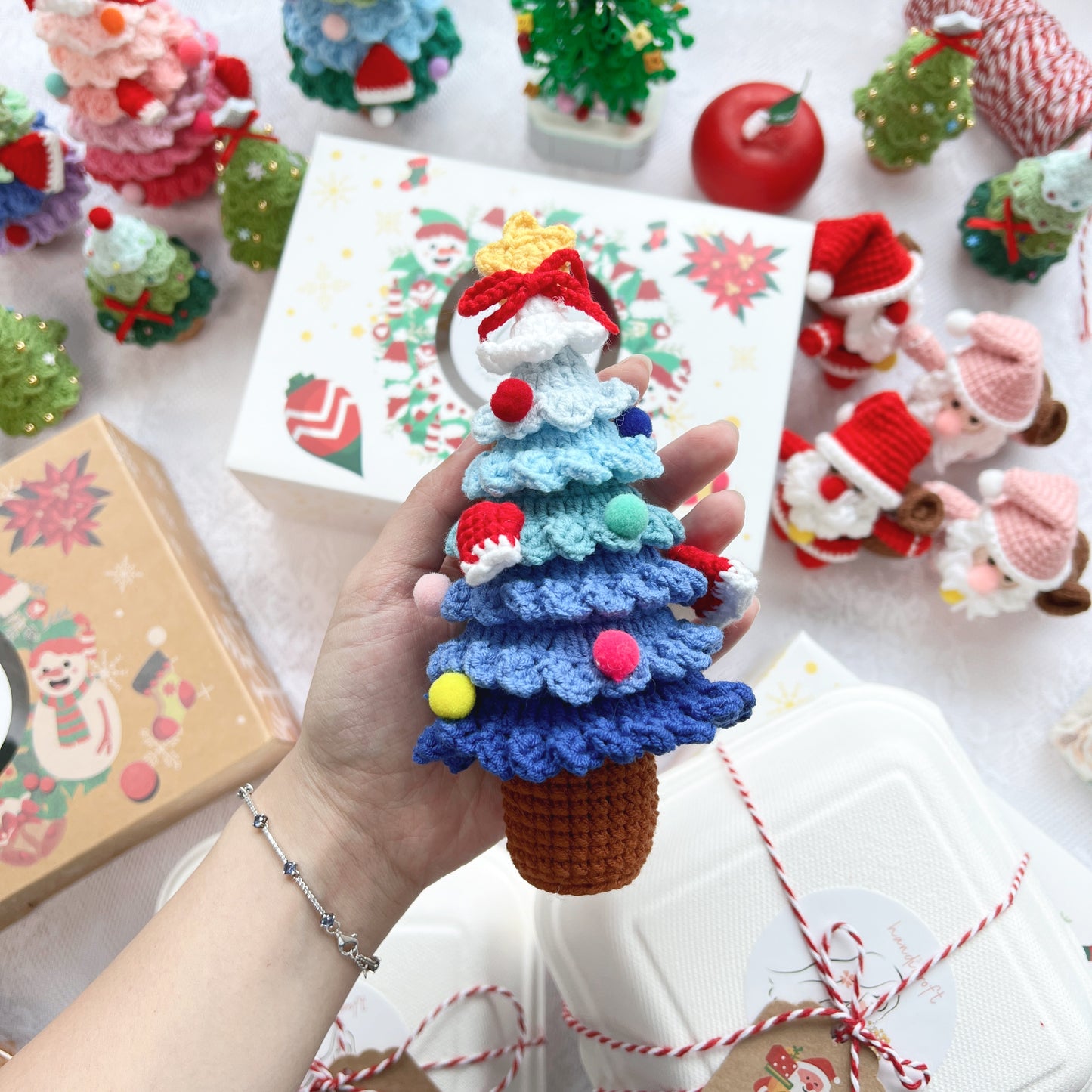 singapore handicroft handmade crochet christmas tree table decoration festive gift in ombre blue