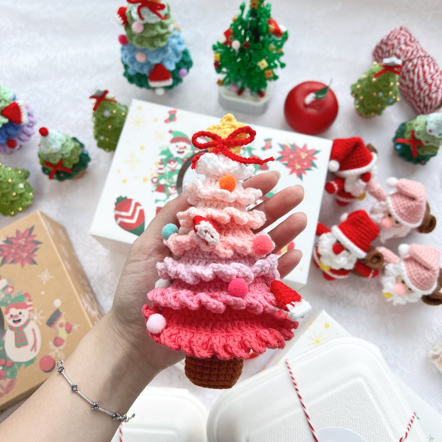 singapore handicroft handmade crochet christmas tree table decoration festive gift in ombre pink