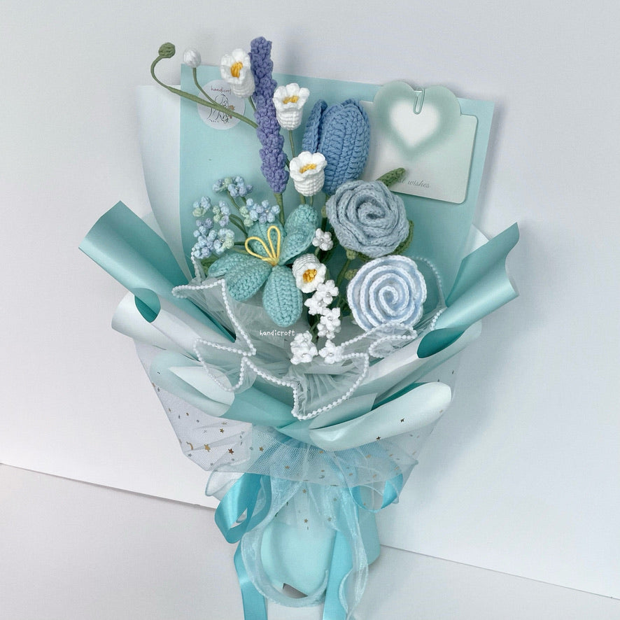 singapore handicroft handmade crochet flower bouquet blue & blooms