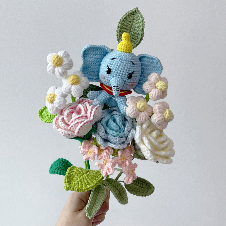 singapore handicroft handmade crochet flower bouquet dumbo character in pastel theme