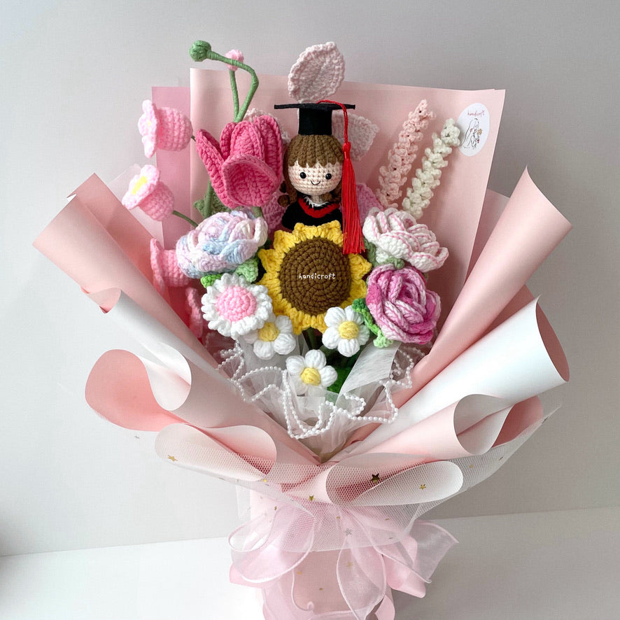 singapore handicroft handmade crochet graduation flower bouquet in pastel pink dreams in bloom