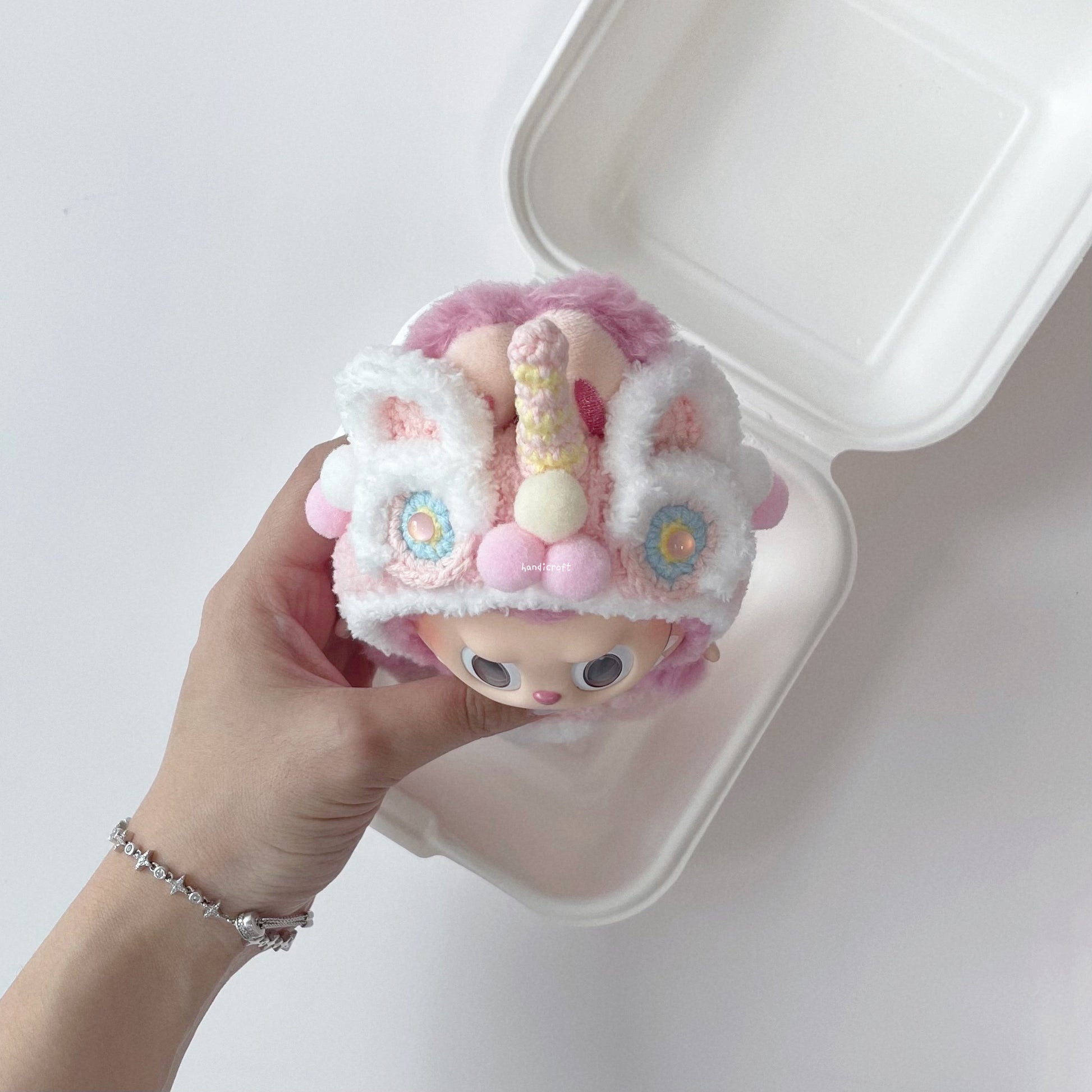 singapore handicroft handmade crochet labubu outfit for lunar chinese new year pink lion dance