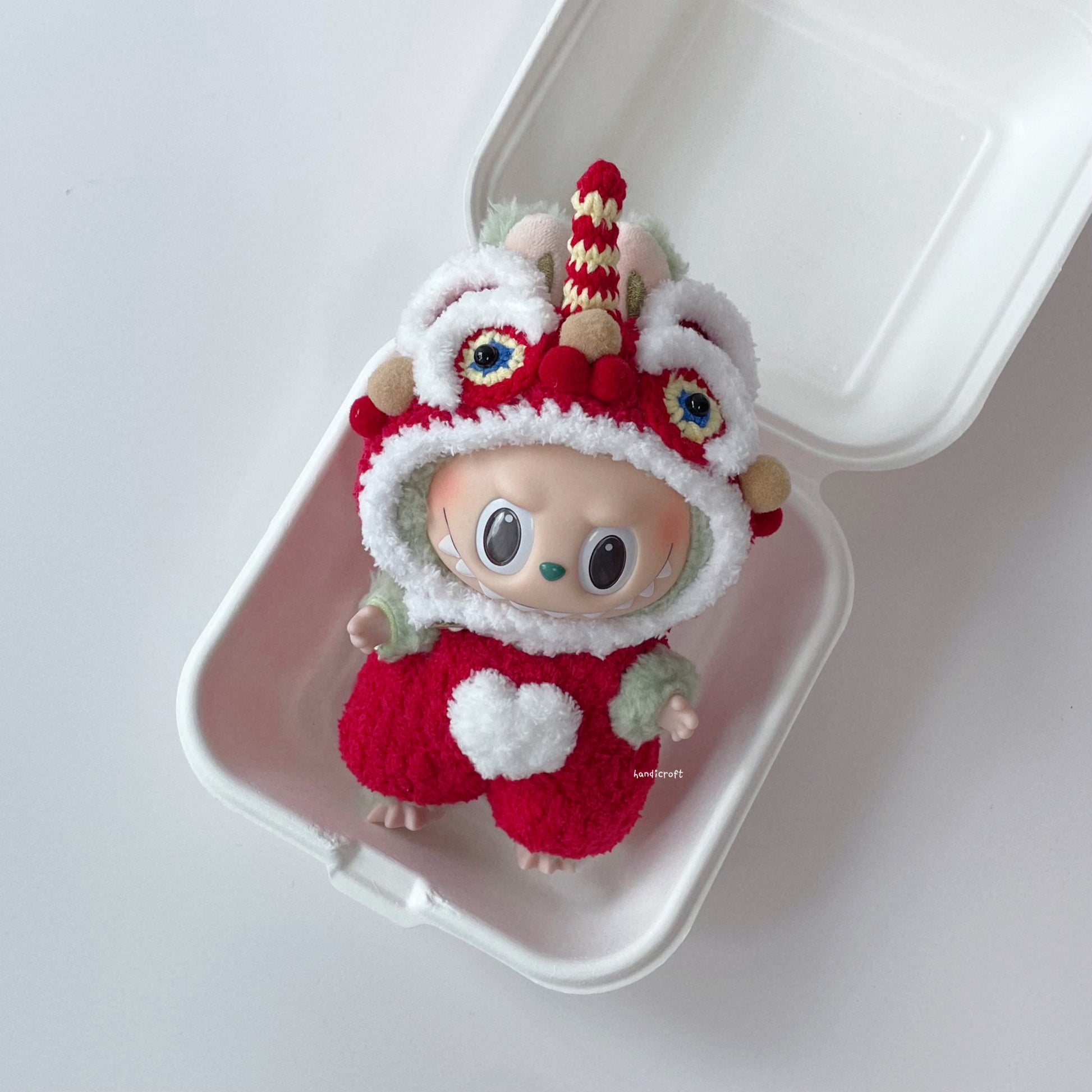 singapore handicroft handmade crochet labubu outfit for lunar chinese new year red lion dance