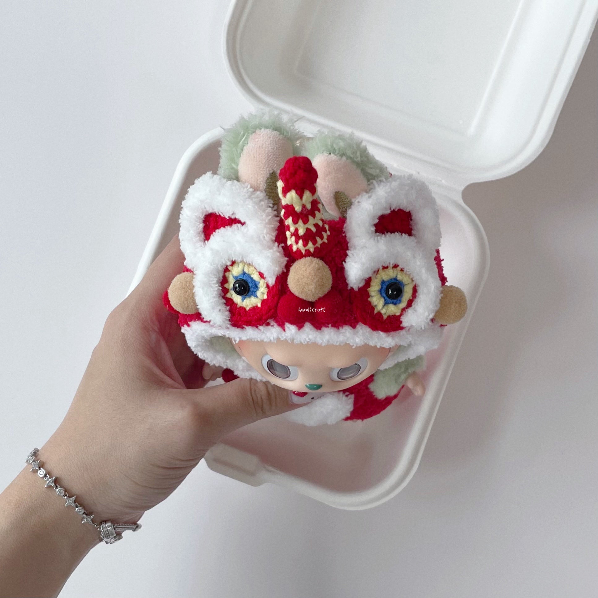 singapore handicroft handmade crochet labubu outfit for lunar chinese new year red lion dance