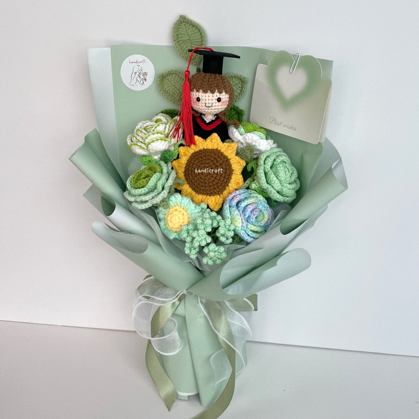 singapore handicroft handmade graduation crochet flower bouquet spring of success mint green and white pastel colour theme