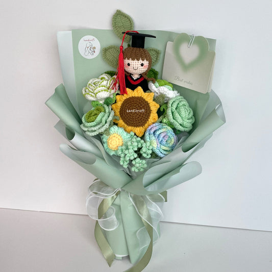 singapore handicroft handmade graduation crochet flower bouquet spring of success mint green and white pastel colour theme
