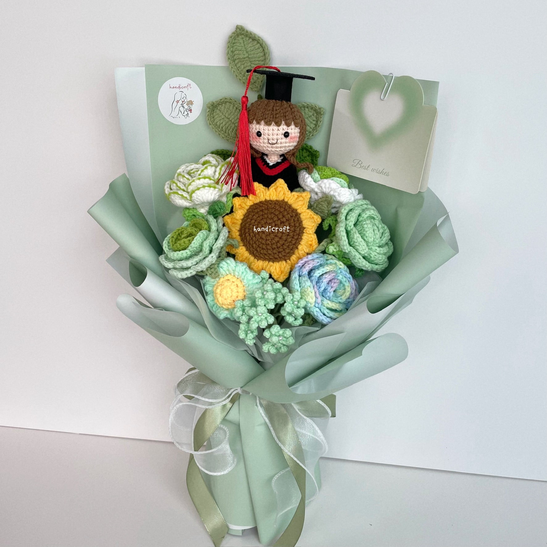 singapore handicroft handmade graduation crochet flower bouquet spring of success mint green and white pastel colour theme
