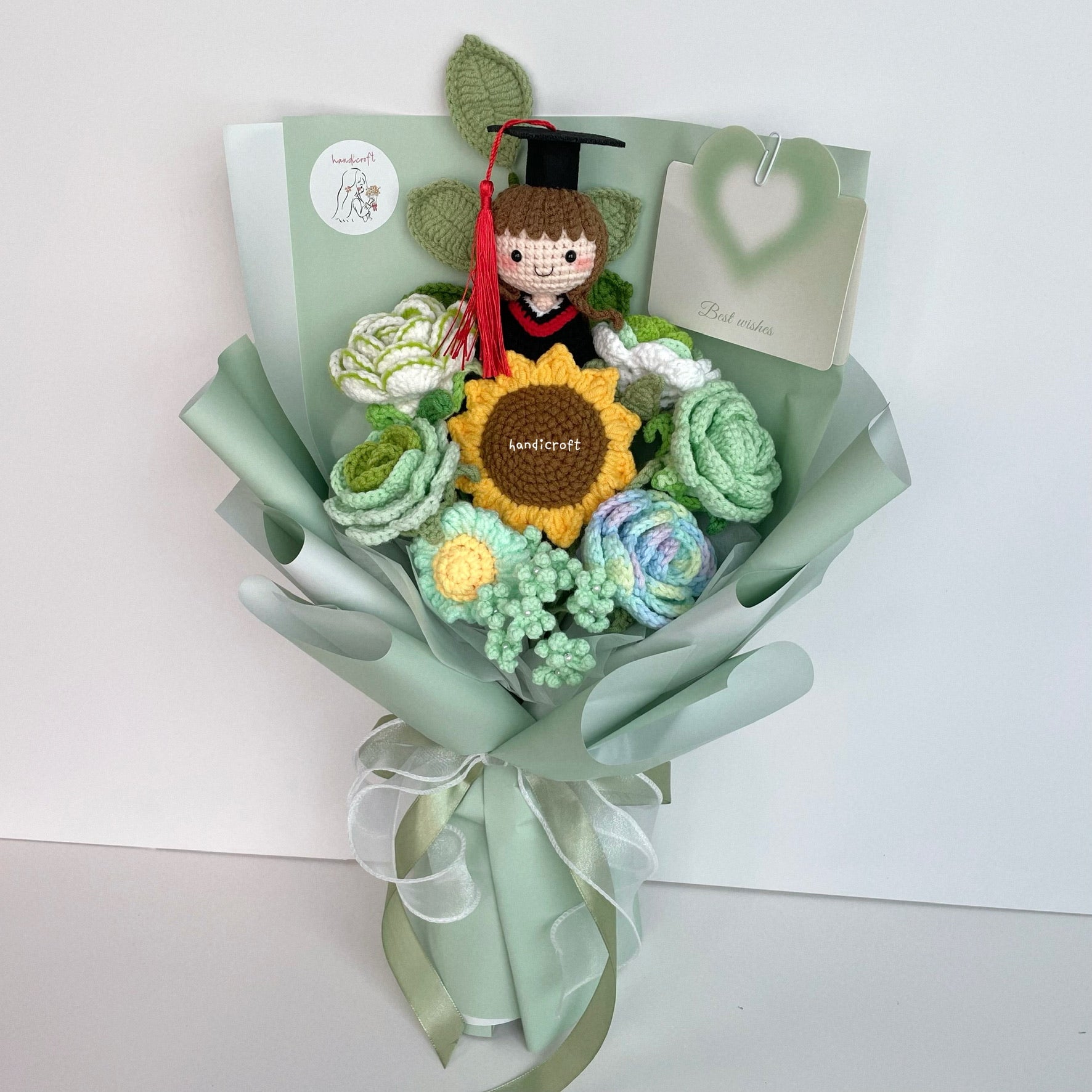 singapore handicroft handmade graduation crochet flower bouquet spring of success mint green and white pastel colour theme