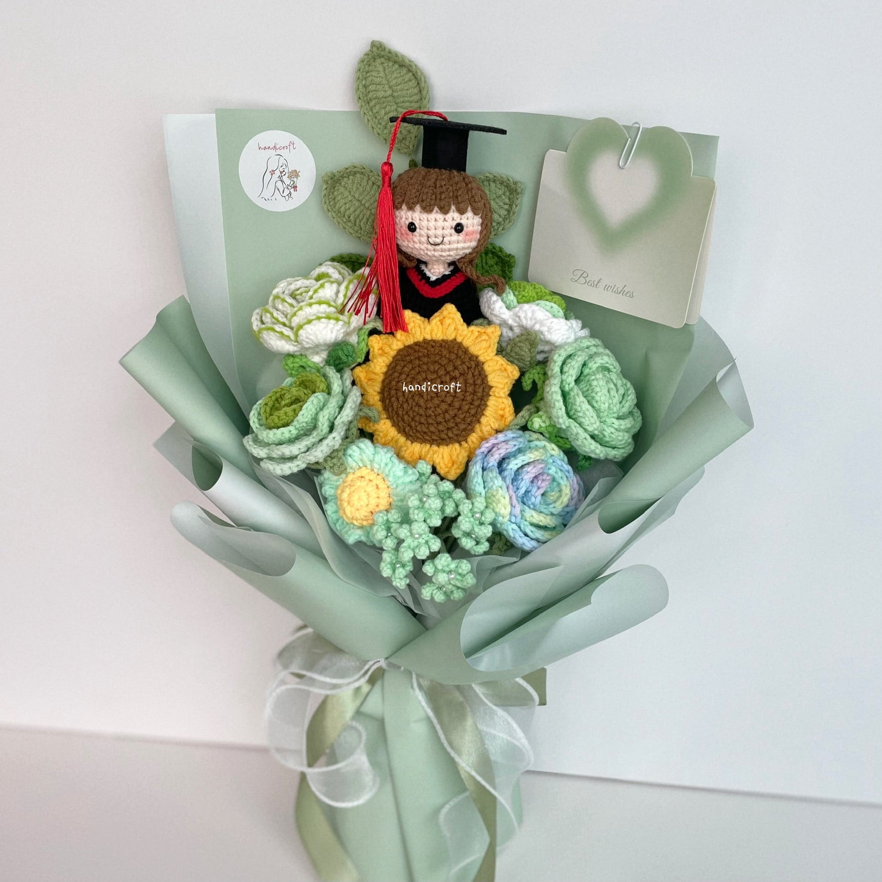 singapore handicroft handmade graduation crochet flower bouquet spring of success mint green and white pastel colour theme