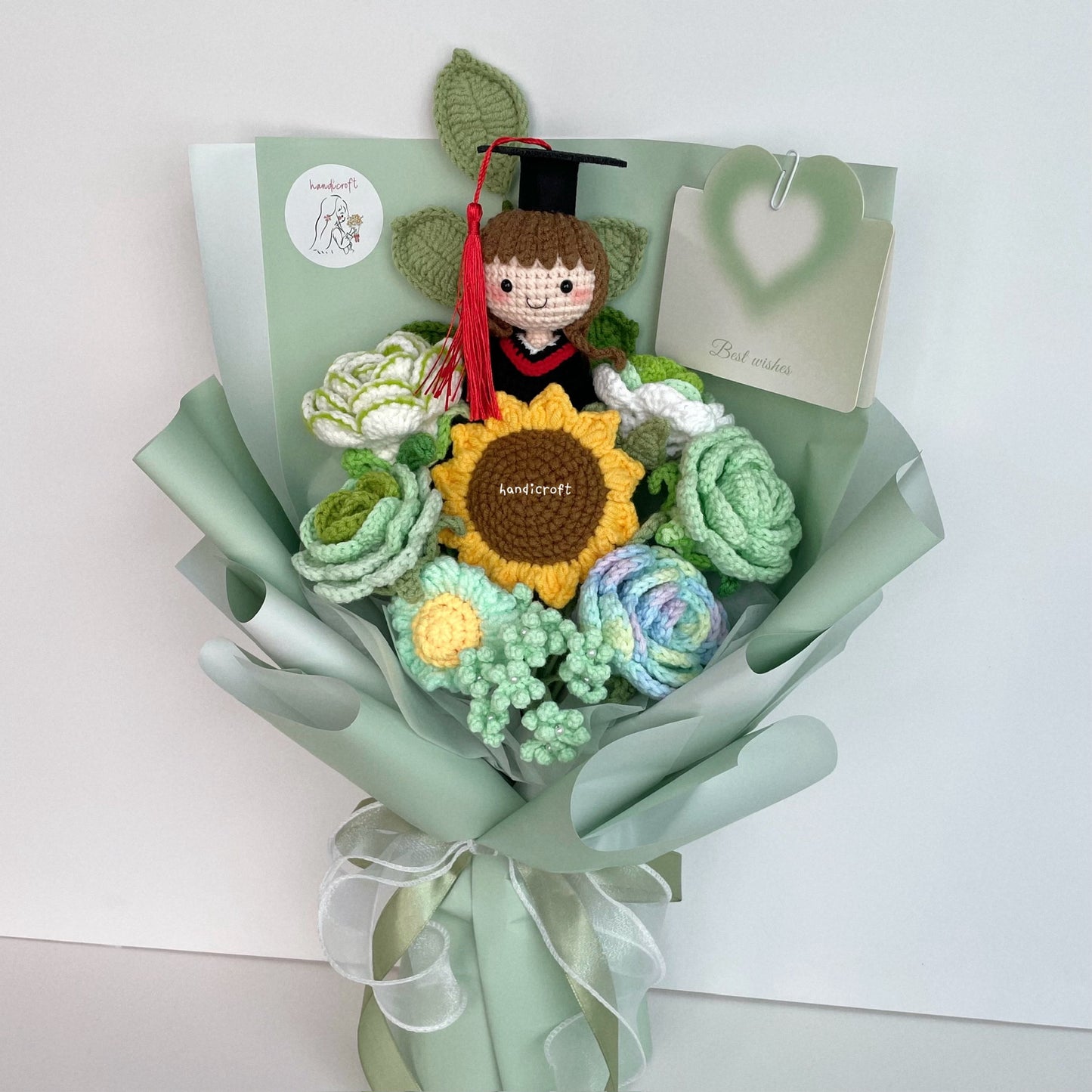 singapore handicroft handmade graduation crochet flower bouquet spring of success mint green and white pastel colour theme