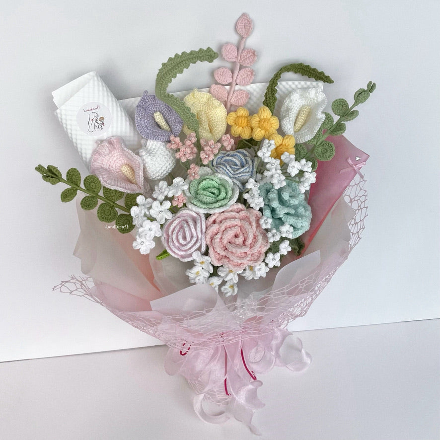 singapore handicroft special roses handmade crochet flower bouquet in pastel theme sugar blossom