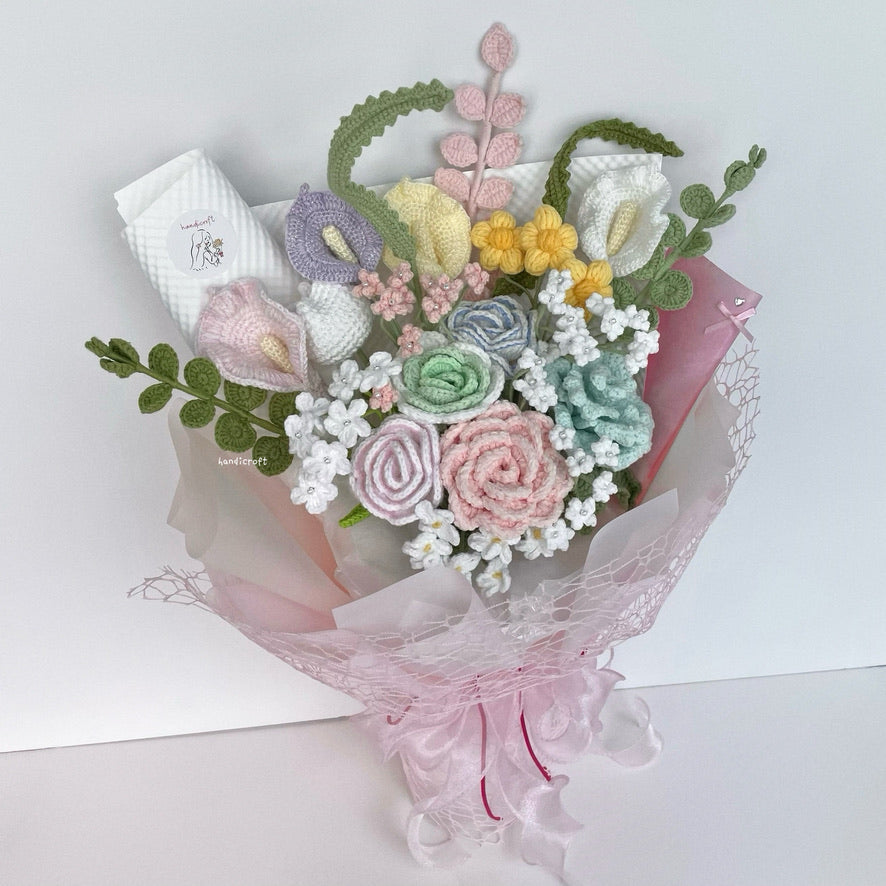 singapore handicroft special roses handmade crochet flower bouquet in pastel theme sugar blossom