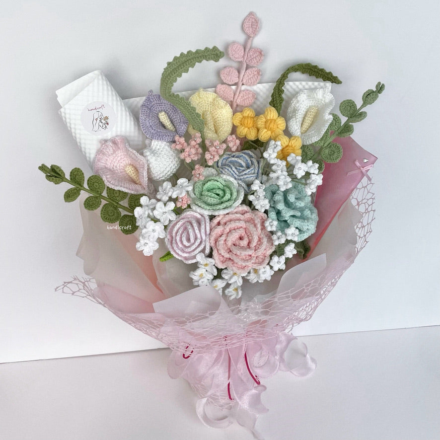 singapore handicroft special roses handmade crochet flower bouquet in pastel theme sugar blossom