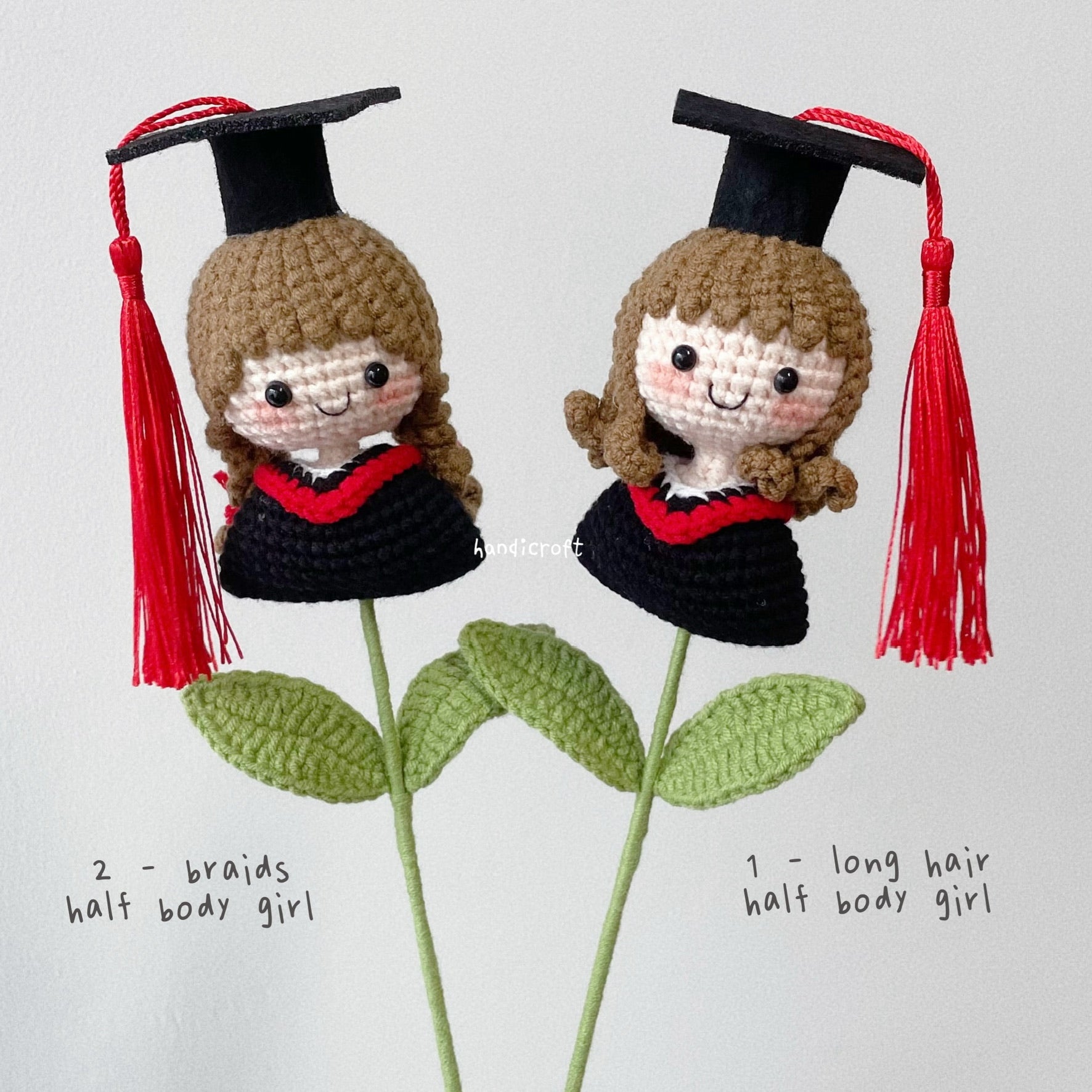 singapore handmade crochet graduate doll long hair and braids half body girl graduate