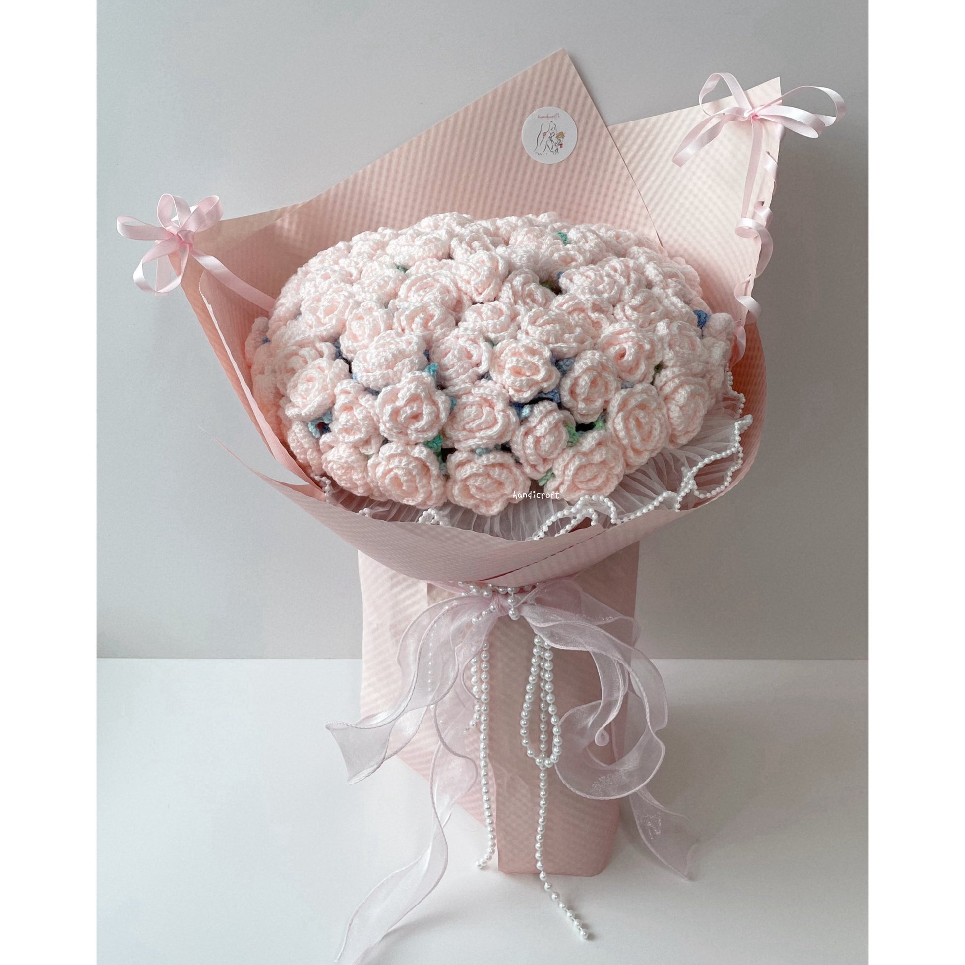 singapore handmade crochet handicroft special roses pastel pink crochet flower bouquet petals pearls & bows