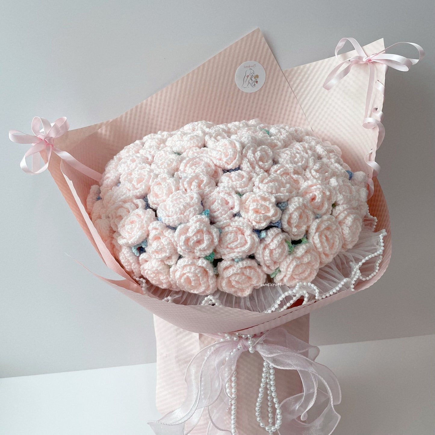 singapore handmade crochet handicroft special roses pastel pink crochet flower bouquet petals pearls & bows