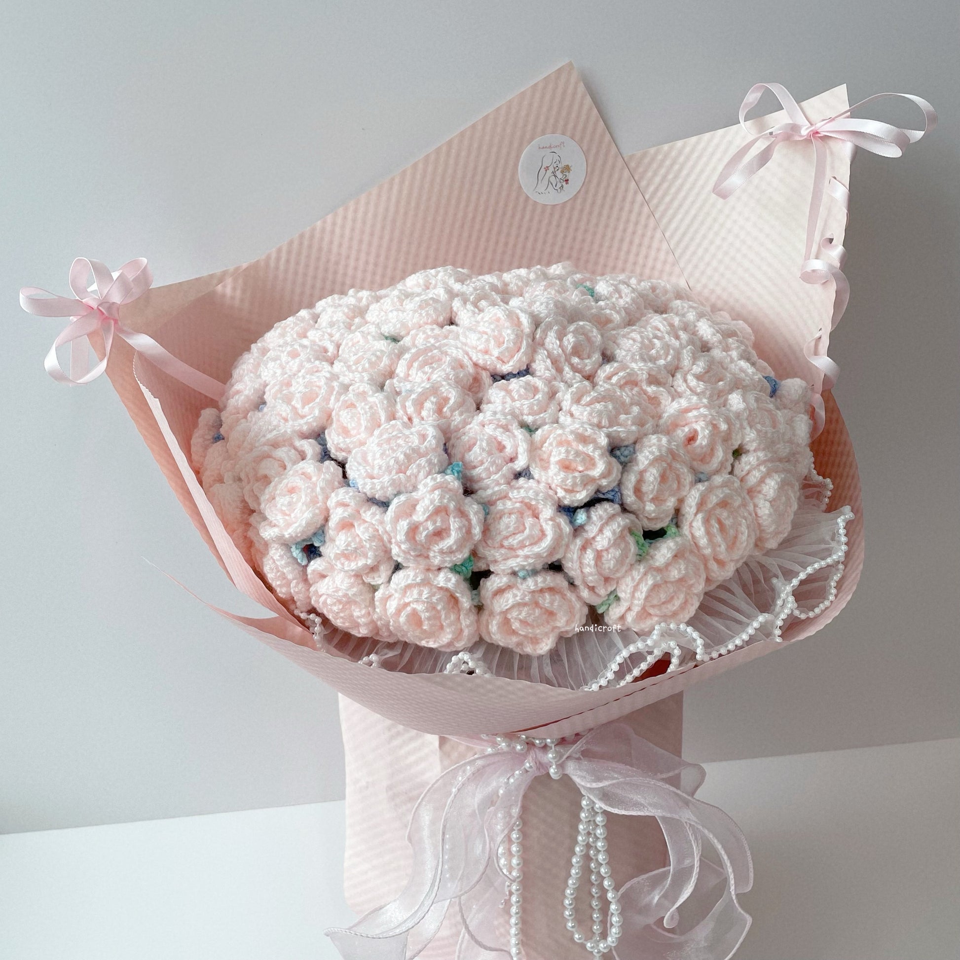 singapore handmade crochet handicroft special roses pastel pink crochet flower bouquet petals pearls & bows