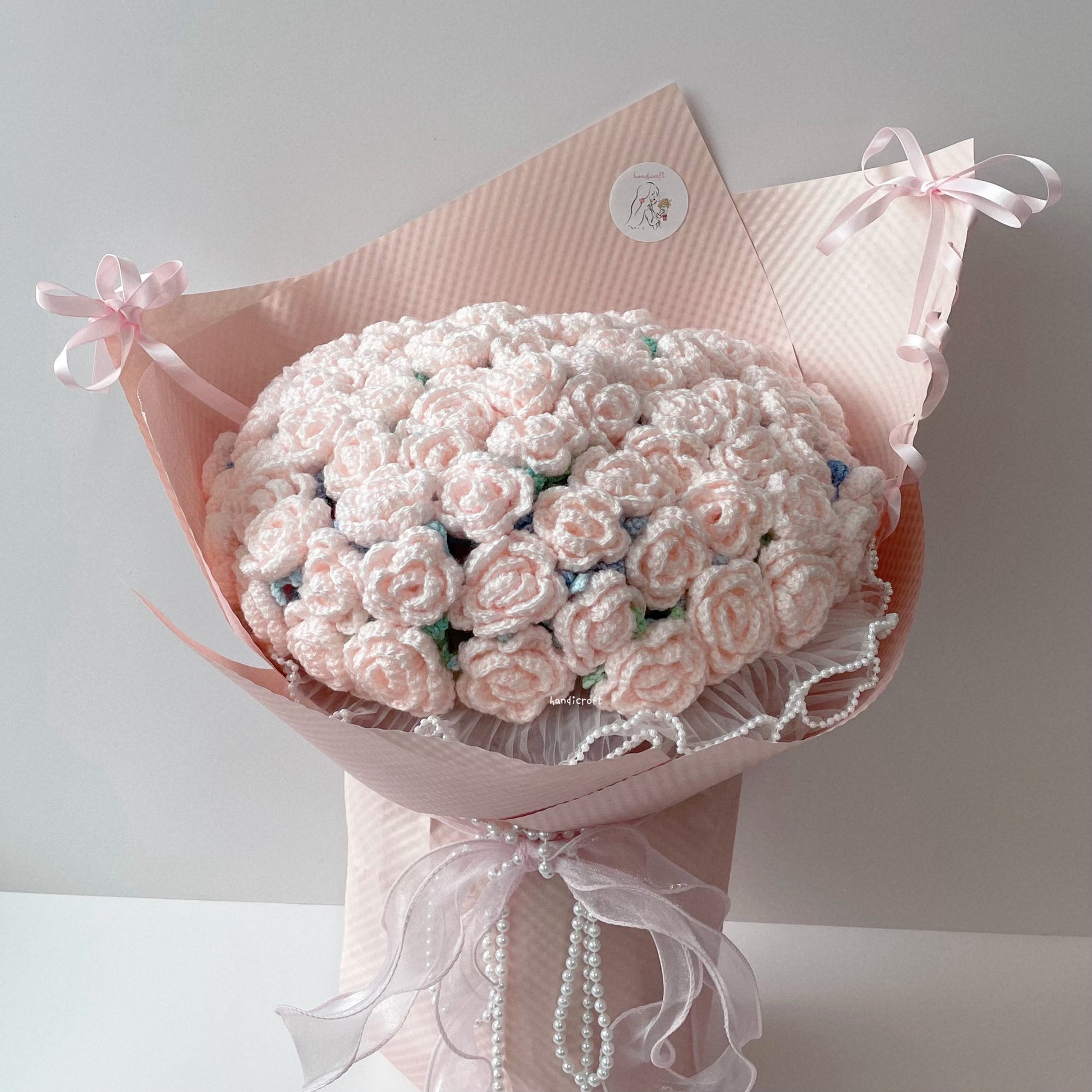 singapore handmade crochet handicroft special roses pastel pink crochet flower bouquet petals pearls & bows