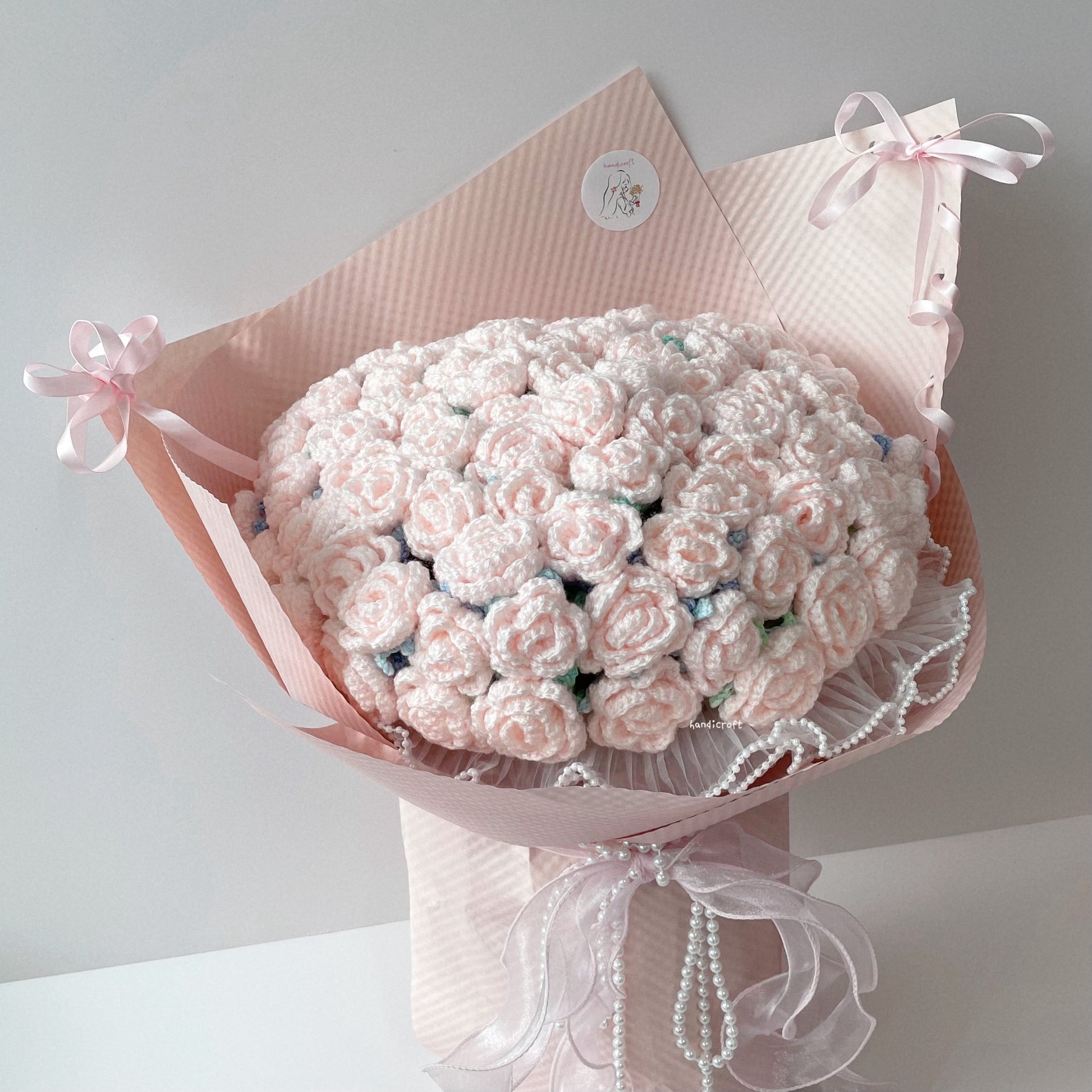 singapore handmade crochet handicroft special roses pastel pink crochet flower bouquet petals pearls & bows