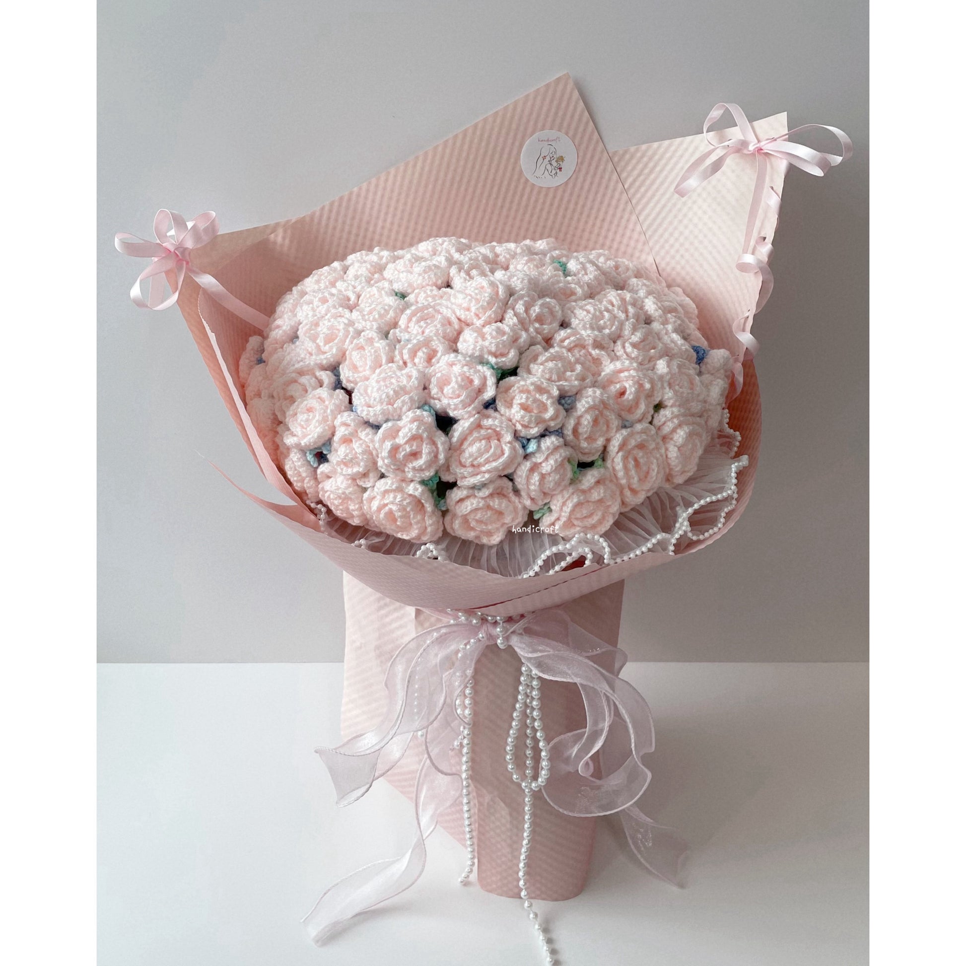 singapore handmade crochet handicroft special roses pastel pink crochet flower bouquet petals pearls & bows