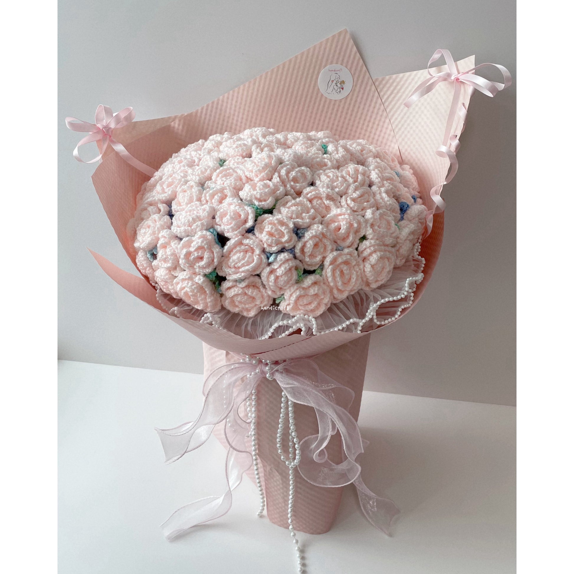 singapore handmade crochet handicroft special roses pastel pink crochet flower bouquet petals pearls & bows