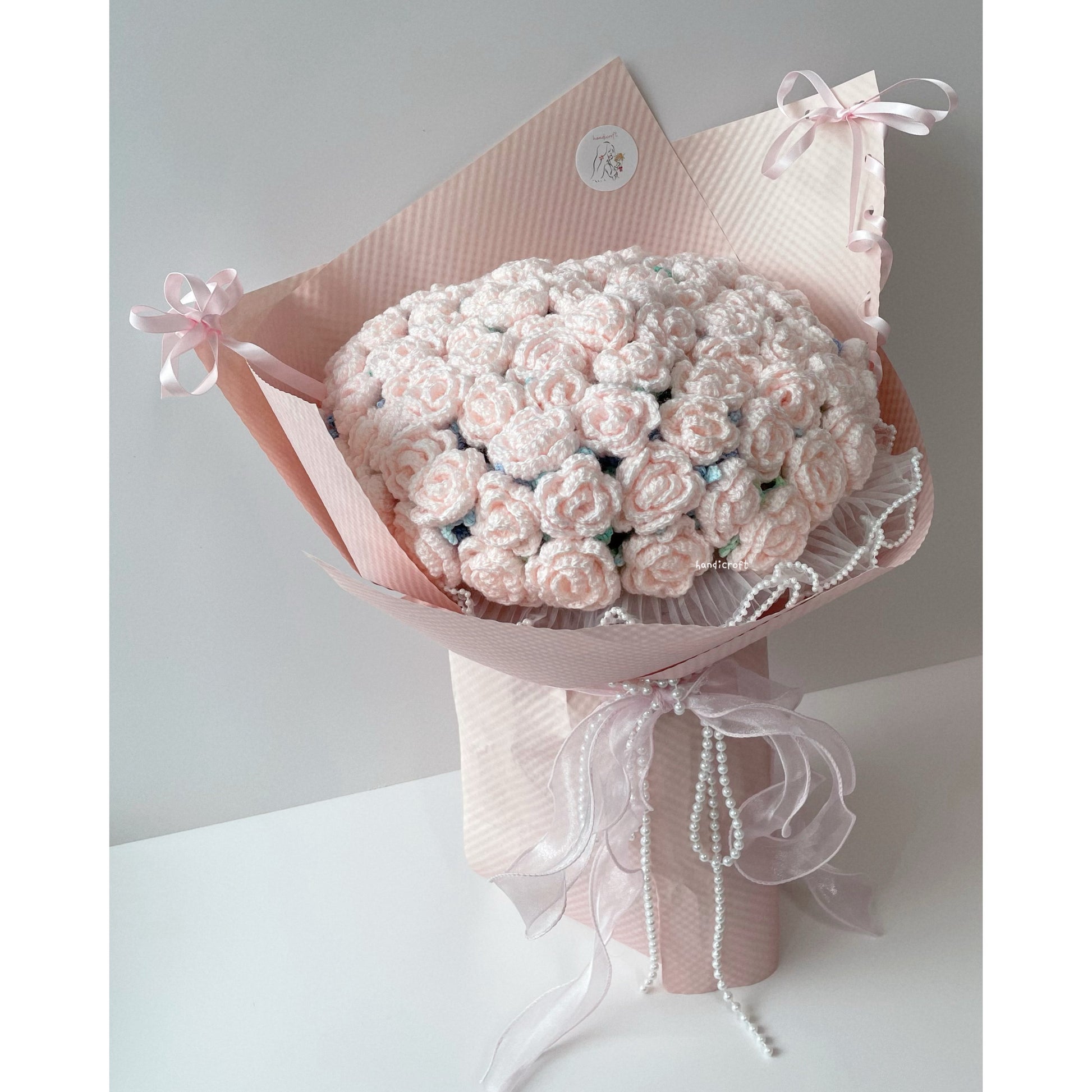 singapore handmade crochet handicroft special roses pastel pink crochet flower bouquet petals pearls & bows