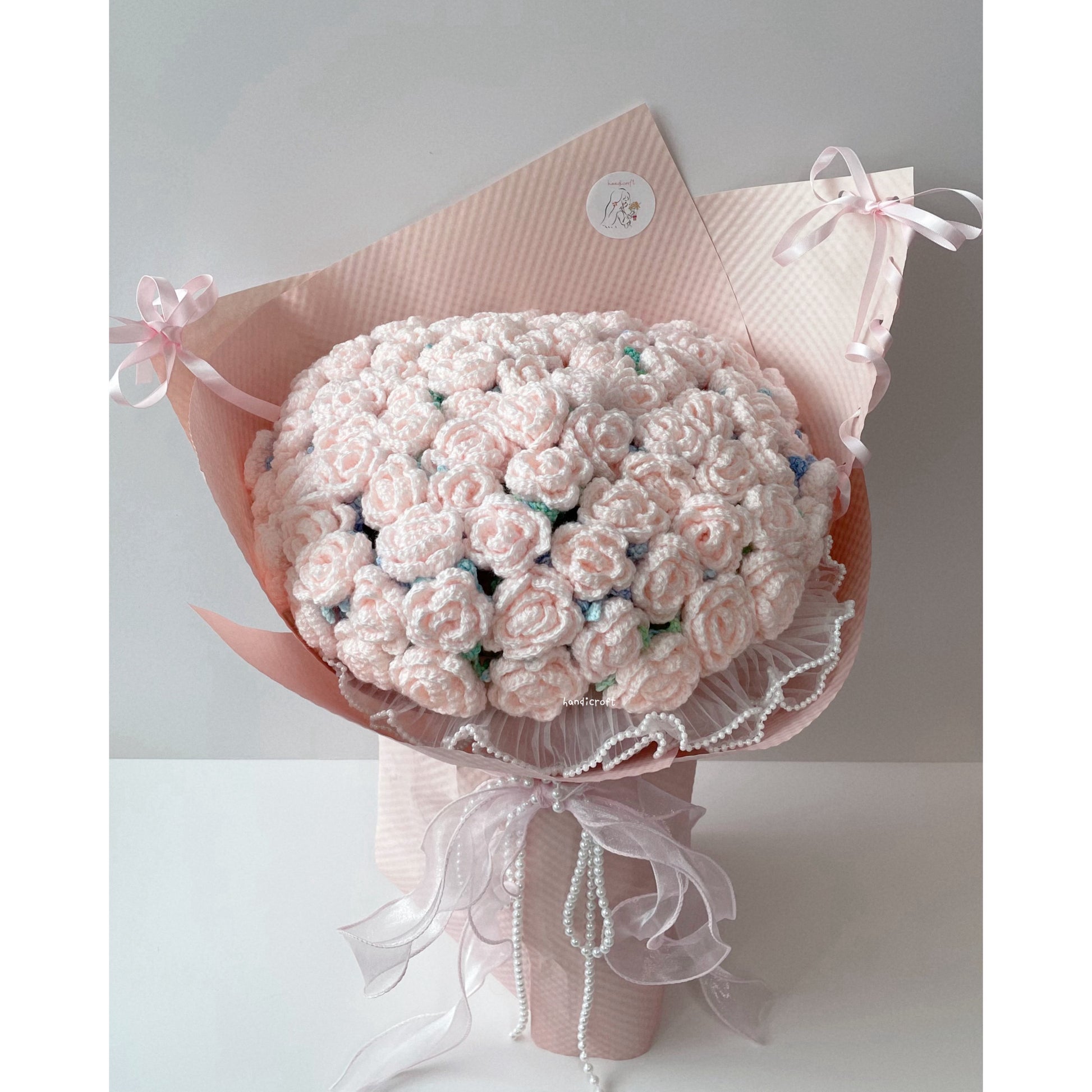 singapore handmade crochet handicroft special roses pastel pink crochet flower bouquet petals pearls & bows