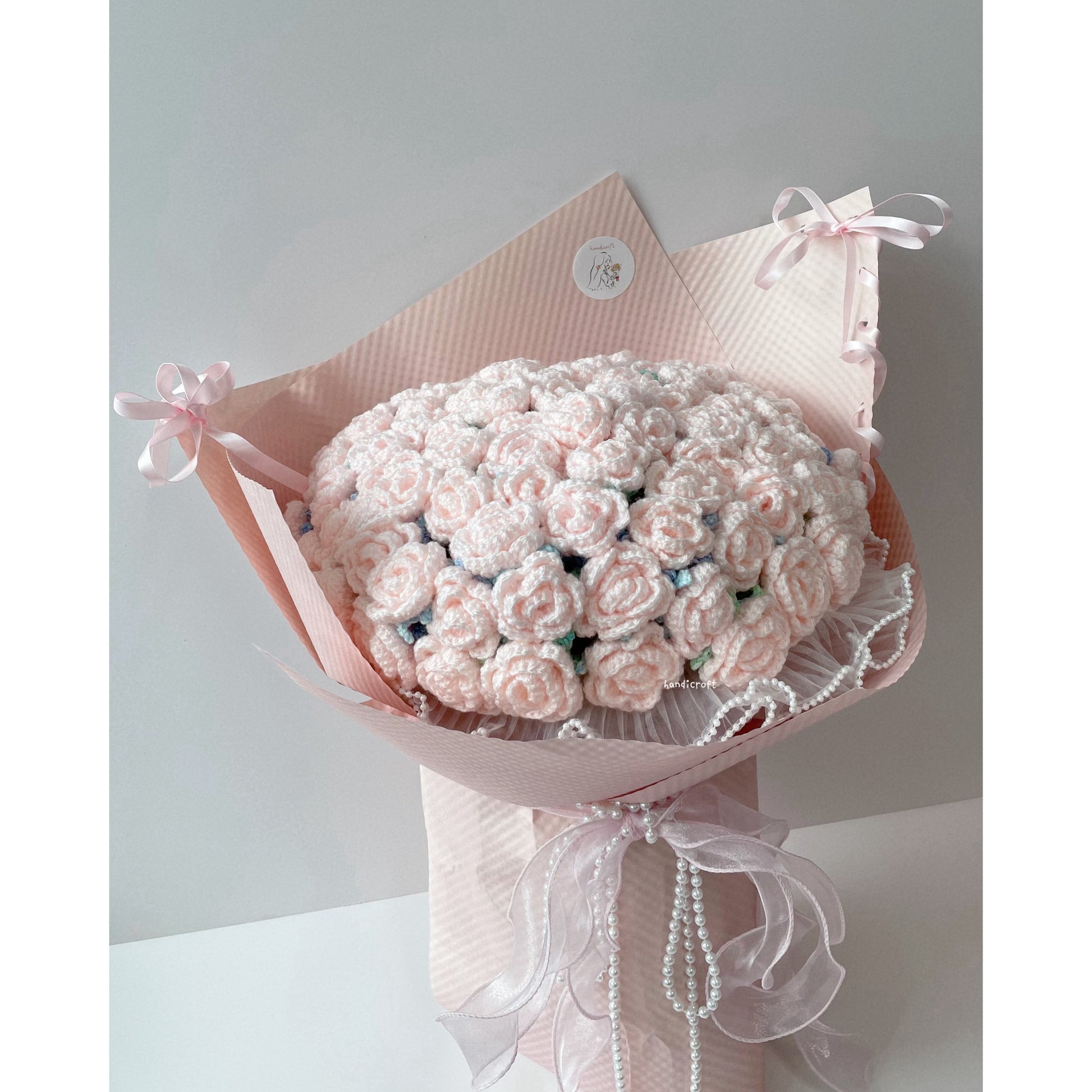 singapore handmade crochet handicroft special roses pastel pink crochet flower bouquet petals pearls & bows