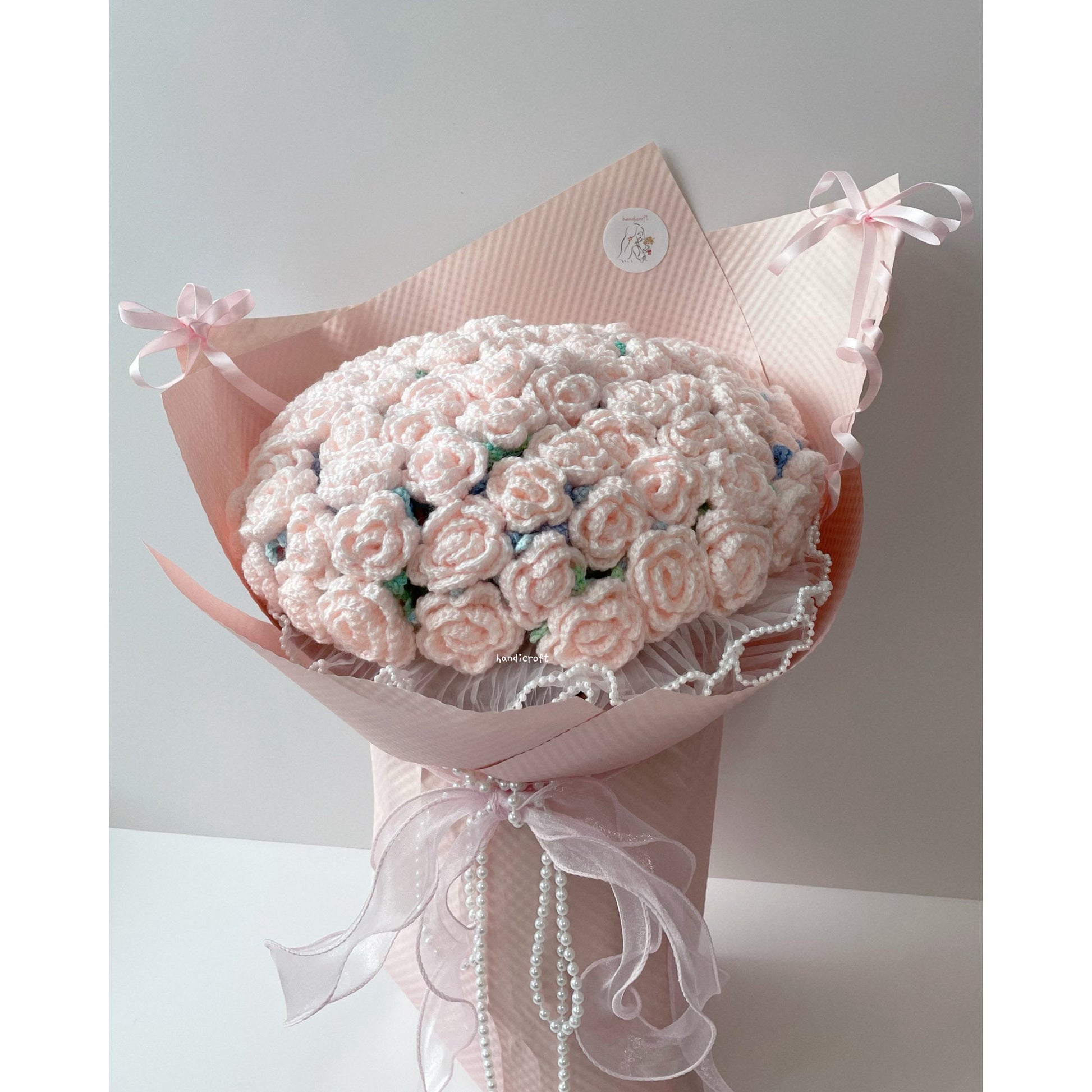 singapore handmade crochet handicroft special roses pastel pink crochet flower bouquet petals pearls & bows