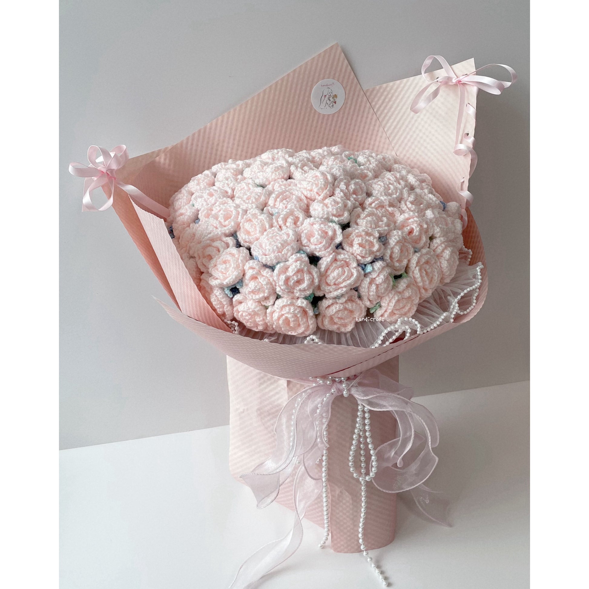 singapore handmade crochet handicroft special roses pastel pink crochet flower bouquet petals pearls & bows