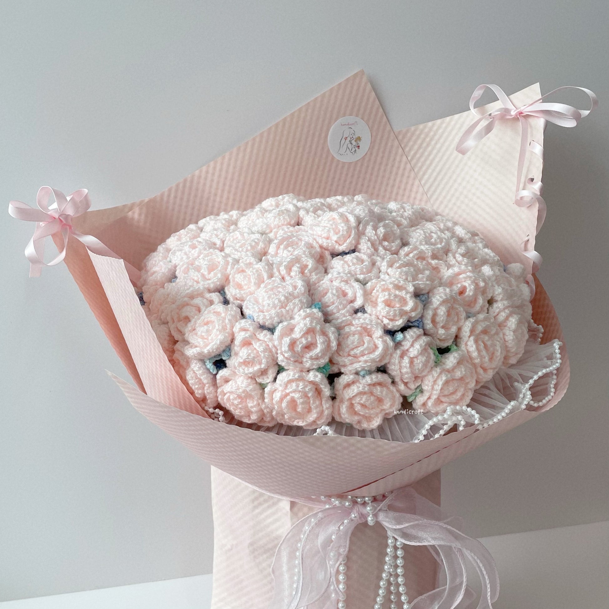 singapore handmade crochet handicroft special roses pastel pink crochet flower bouquet petals pearls & bows