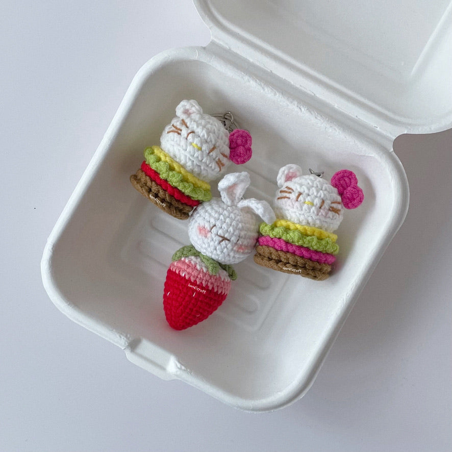 singapore handmade crochet lunch buddies trio amigurumi keychains mini sanrio hello kitty burger and rabbit strawberry