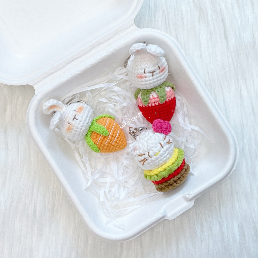 singapore handmade crochet lunch buddies trio amigurumi keychains mini sanrio hello kitty burger and rabbit strawberry