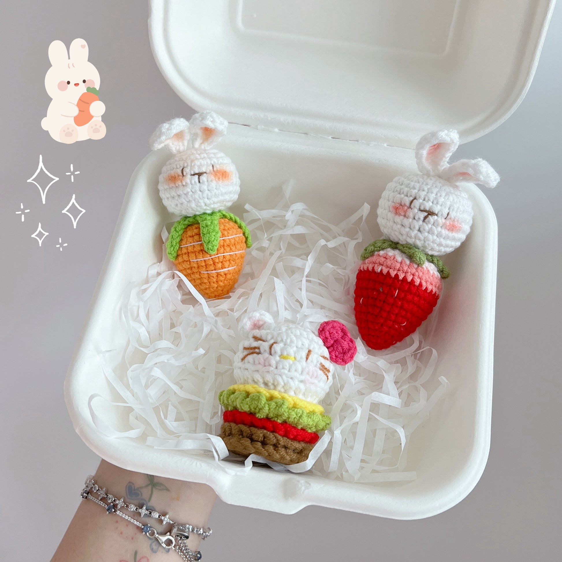singapore handmade crochet lunch buddies trio amigurumi keychains mini sanrio hello kitty burger and rabbit strawberry
