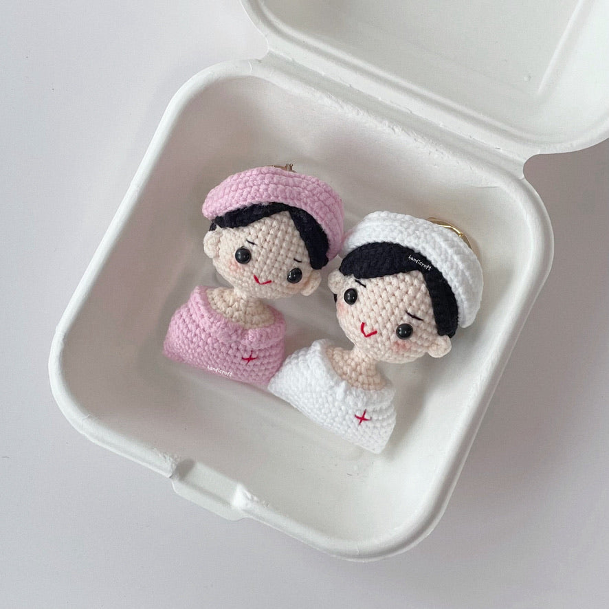 singapore handmade crochet nurse character amigurumi keychain in pink and white