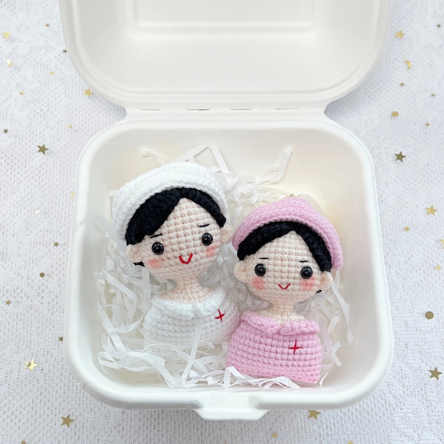 singapore handmade crochet nurse character amigurumi keychain in pink and white